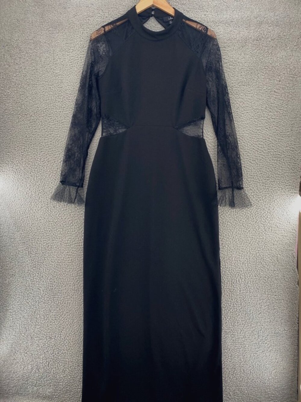 Lulus Dress Women XL Bragging Rights Black Lace Long Sleeve Column Maxi Cut Out*